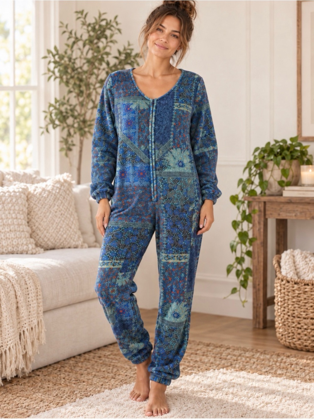 Natural Life Blue Patchwork Floral Fleece One Piece Pajama Jumpsuit Small